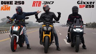 Apache RTR 310 vs KTM Duke 250 vs Suzuki Gixxer SF 250 Drag Race [upl. by Anikehs492]