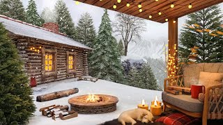 Winter Cozy Porch of Mountain Hut Ambience with Relaxing Snow Falling and Crackling Campfire [upl. by Tamanaha]