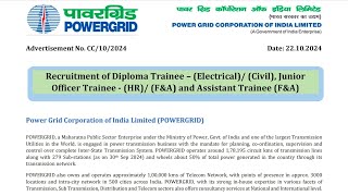 V41  PGCIL Diploma Trainee ElectricalCivil Junior Officer Trainee JOT and Assistant Trainee [upl. by Ehsom826]