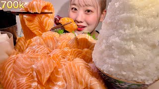 ASMR 70万人ありがとうのトロサーモン SALMON SASHIMI【日本語字幕】【咀嚼音 Mukbang Eating Sounds】 [upl. by Lyred907]