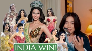 REACTION  INDIA WIN PRELIMINARY MISS GRAND 2024  TOP14 EVENING GOWN [upl. by Gnohc380]