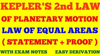 KEPLERS 2nd LAW OF PLANETARY MOTION  LAW OF EQUAL AREAS  STATEMENT amp PROOF  WITH EXAM NOTES [upl. by Nealson]