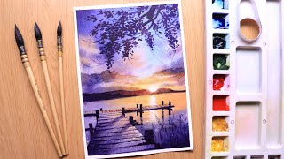 Watercolor painting of sunset evening landscape of river side easy [upl. by Spain]