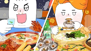 눈 오는 날 포장마차 먹방 매운닭발 파전 닭똥집 국수애니먹방 Steet food vendor Mukbang  Animation ASMR [upl. by Siduhey837]