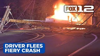 Sheriff Driver flees early morning fiery crash in Troutdale [upl. by Oterol494]