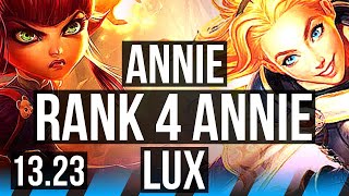 ANNIE vs LUX MID  Rank 4 Annie 10314 10M mastery 400 games  TR Challenger  1323 [upl. by Bridwell515]