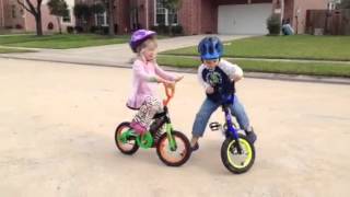 4year old twins riding bikes without training wheels  CRASH [upl. by Kinchen43]