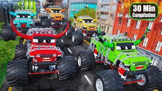 Monster Trucks destroy the City  Police Car Firetruck amp Ambulance vs Monster Trucks Compilation [upl. by Eilujna878]