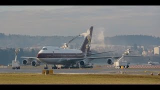 Boeing 747SP deicing taxi and take off at ZRH beautiful sound [upl. by Masson]