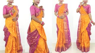 Yellow Silk Saree Draping For Durga Puja  Saree Pora Style Atpoure [upl. by Alyosha91]