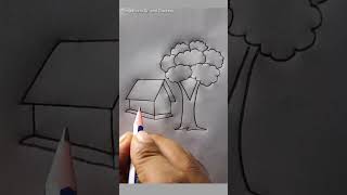 House 🏠 and tree 🌳 Scene draw art reels pencil drawing easy short [upl. by Halac]