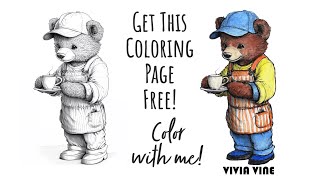 Teddy Bear Barista Watercolor Painting with Free Coloring Page Printable [upl. by Enyamrahs904]