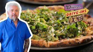 Guy Fieri Eats Dynamite Kimchi and Korean BBQ Pizzas  Diners DriveIns and Dives  Food Network [upl. by Erdda]