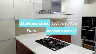 Stainless steel kitchen with lacquered glass in eluru west godavari cromatica gruhkarin kitchen [upl. by Eerok207]