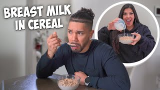 BREAST MILK IN CEREAL PRANK ON HUSBAND HILARIOUS [upl. by Hennahane]