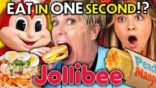 Eat In One Second  Jollibee Chicken Joy Yumburger Peach Mango Pie  People vs Food [upl. by Norab]