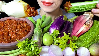 ASMR Raw Veggies Banana Flower Eggplant Bitter Melon Heavenly Flower Long Bean Okra amp sauce [upl. by Dhu]