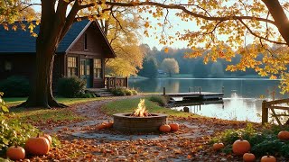 Autumn Morning Serenity Cozy Lakeside Fire Birdsong and Pumpkins by the Cabin For Relaxing [upl. by Ruffi]