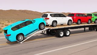 Double Flatbed Trailer Truck vs Speedbumps Train vs Cars  Tractor vs Train BeamngDrive 025 [upl. by Sihonn]