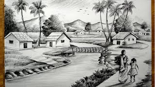 how to draw easy pencil sketch scenerylandscape pahar and river side scenery drawingpencil drawing [upl. by Yssor983]