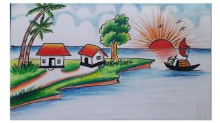 My village drawing  Easy oil pastel Scenery drawing  Nature drawing  Morning village drawing [upl. by Akir]