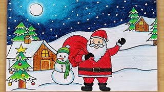 How to draw scenery santa Christmas drawing  merry christmas drawing  very easy and simple [upl. by Dnomde795]