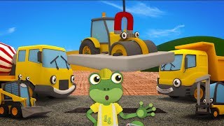 Construction Trucks Learn Teamwork  Geckos Garage  Digger Excavator Road Roller amp More [upl. by Obadiah]