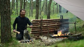 4 days solo bushcraft trip  canvas tarp rain homemade axe and knife carving eating bowl etc [upl. by Gmur347]