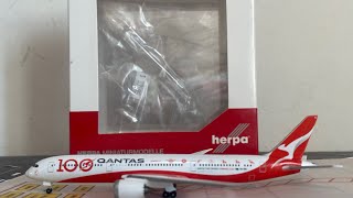 Herpa Wings 1500 scale Qantas 7879 Dreamliner 100th Anniversary Livery HD [upl. by Aehsila309]