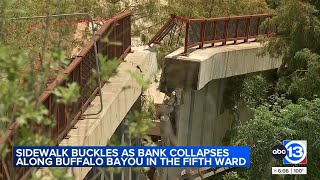 Complexs sidewalk retaining wall buckles next to Buffalo Bayou [upl. by Assirroc]