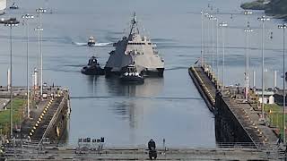 New Panama Canal Last chamber of 3 Locks LCS Littoral Combat Ship in 1st lock behind our Princess [upl. by Haek]