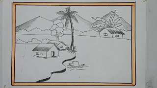 Very easy and simple village scenery drawing for beginners  kids simple drawing [upl. by Adam]