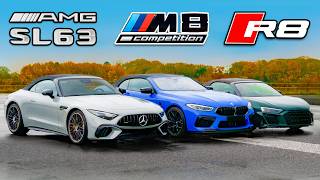 New AMG SL 63 v BMW M8 v Audi R8 DRAG RACE [upl. by Asyl]