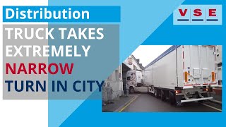 Truck takes exteremely narrow turn in city thanks to trailer steering system  VSE [upl. by Sitrik]