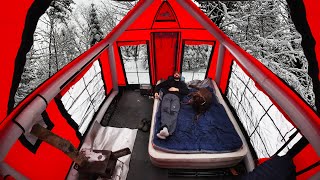 Winter Camping In Inflatable Cabin  Snow Storm  Bear Tenderloins [upl. by Sybley]