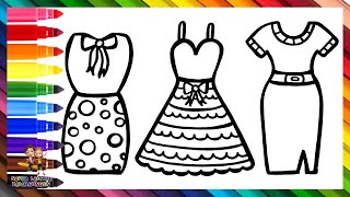 Zeichnen und Ausmalen von 3 Hübschen Kleidern 👗🌈 Zeichnungen für Kinder [upl. by Arel]