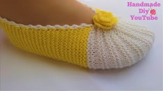 Como hacer Pantuflas con dos Agujas│Modelo de Líneas de Sandía♡Handmade Diy [upl. by Azilem606]