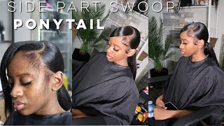 SLEEK SIDE PART SWOOP EXTENDED PONYTAIL TUTORIAL NATURAL HAIR  iamroxybennett ponytails [upl. by Saimerej627]