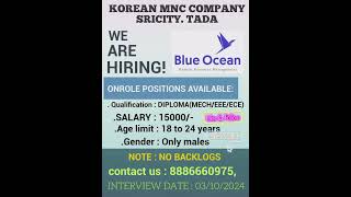 Korean Mnc Company Sricity Tada Qualification Diploma MECHEEEECE Salary 15K inatarwiceTime900Am [upl. by Photina]