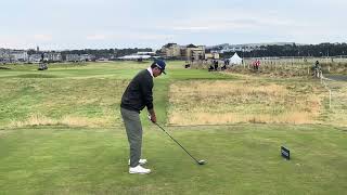 Matthis Besard Golf Swing 3 Wood Tee Shot down the line 2024 St Andrews Dunhill Links hole 16 [upl. by Asseralc]