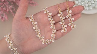 How to Make a Daisy Flower Chain Bracelet Necklace amp Earrings Easy DIY Seed Bead Flower Tutorial 🌼 [upl. by Atsahs711]