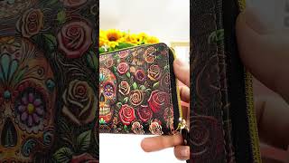 Roses And Skull Personalized Skull Leather Custom Clutch Purse NO LOGO [upl. by Ahsitauq719]