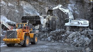 Liebherr R966  Volvo L350F working on Metso Crushers in quarry [upl. by Kelleher898]