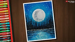 Simple Moonlight scenery drawing with Oil Pastels  step by step [upl. by Lehcnom]