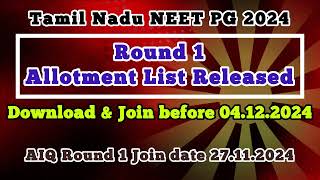 Round 1 Allotment List Released  Tamil Nadu NEET PG 2024  Government amp Management Quota List [upl. by Durston]