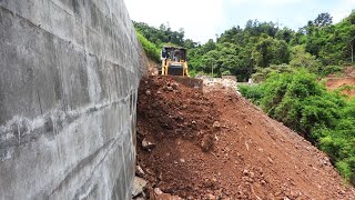 Excellence Work Bulldozer Pushing Clearing Dirt Into Slope Truck Dumping Building Mountain Road [upl. by Serene745]