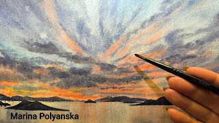 How to Paint Watercolor BEAUTIFUL SKY amp SEASCAPE Tutorial for Beginners Demo Lesson Step by Step [upl. by Dov]