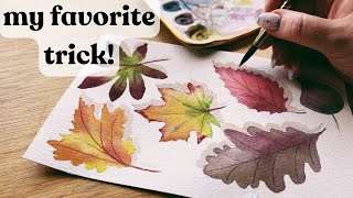 Painting watercolor fall leaves using my favorite watercolor trick [upl. by Vacuva]