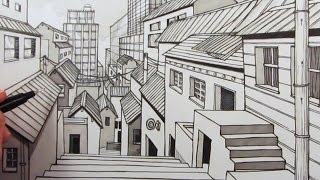 How to Draw a City using 1Point Perspective Narrated [upl. by Lybis]