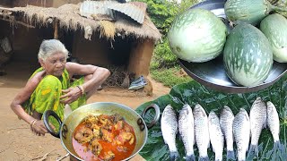 90 year old poor grandmother cooking and eating FISH CURRY with BRINJAL at homevillage life food [upl. by Bealle]